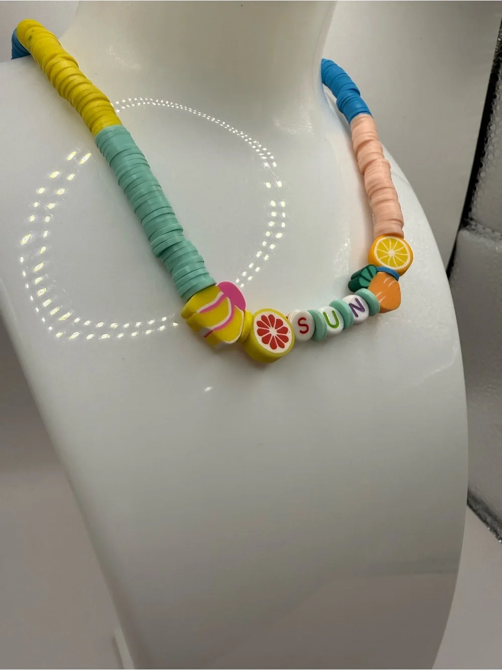 Summer Fruit Beaded Necklace with the word Sun - Multicolor with Lobster Clasp